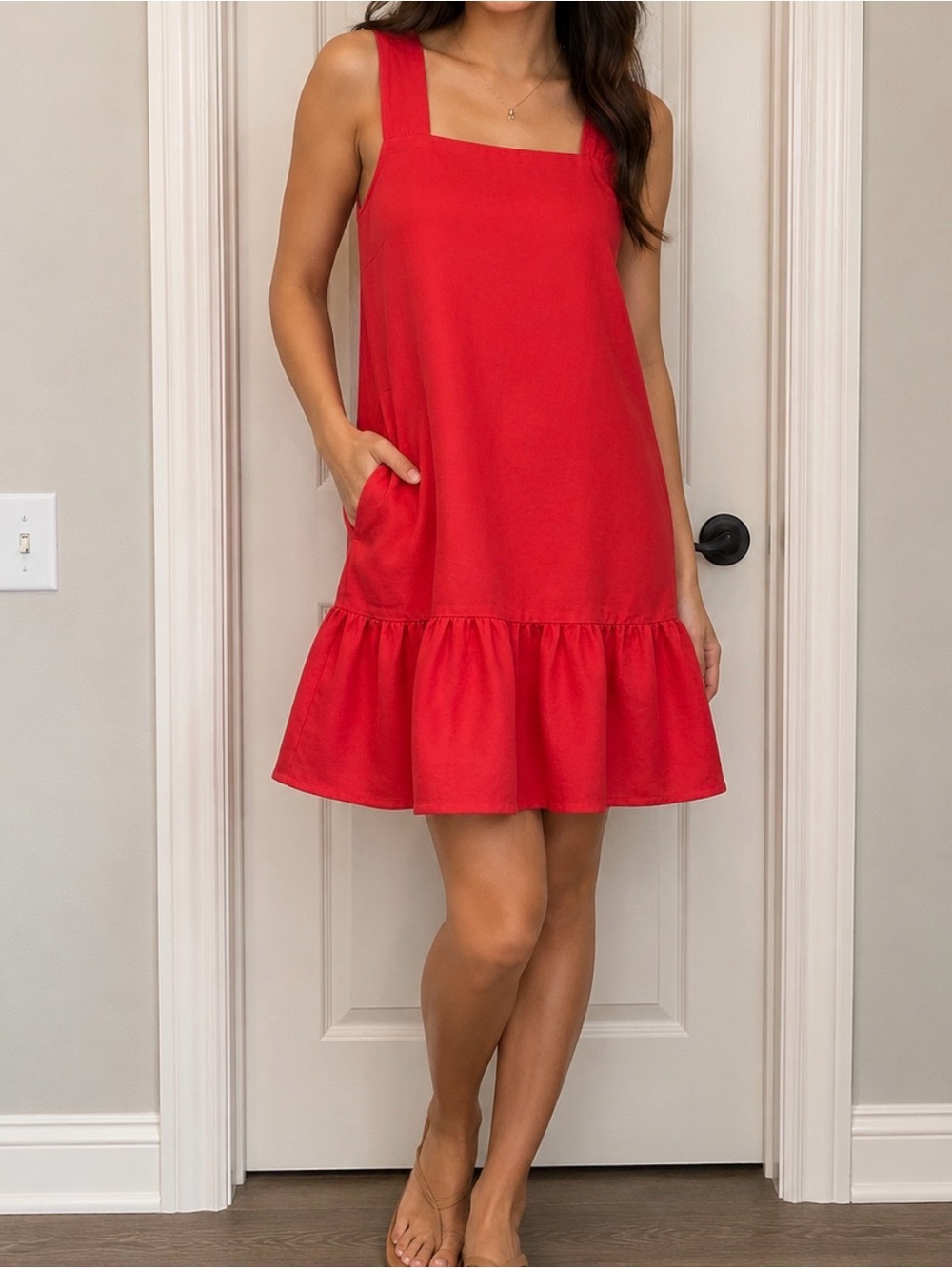LOFT Red Linen Viscose Sundress Square Neck Ruffle Strappy Knee SP Petites